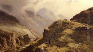 A Highland River Landscape With A Shepherd And His Dog In   The Foreground by Sidney Richard Percy