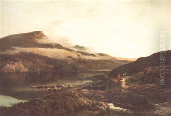 A Mountainous Highland Loch With Cattle Watering On The Banks - view 1