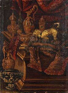Chien Et Horloge Sur Un Entablement Avec Un Tapis