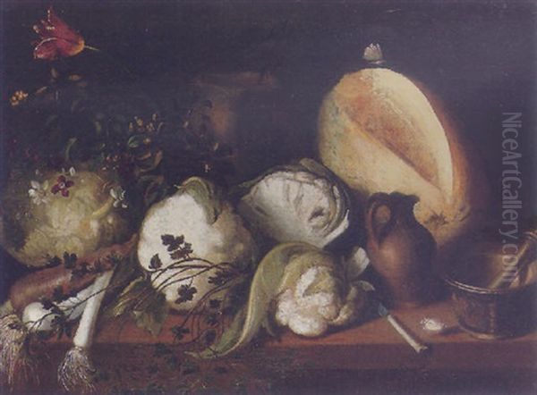 Still Life Of Cauliflower, Leeks, A Pumpkin, Garlic, Flowers, A Knife, A Stoneware Jug And Urn, With A Mortar And Pestle Upon A Table - view 1