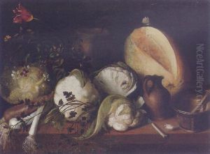 Still Life Of Cauliflower, Leeks, A Pumpkin, Garlic, Flowers, A Knife, A Stoneware Jug And Urn, With A Mortar And Pestle Upon A Table by Antonio de Pereda y Saldago