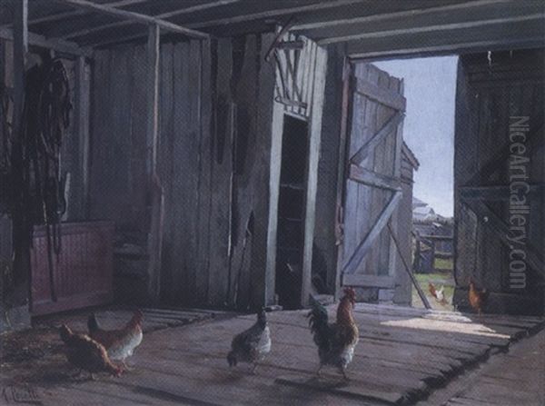 Rooster And Chickens In The Barn - view 1