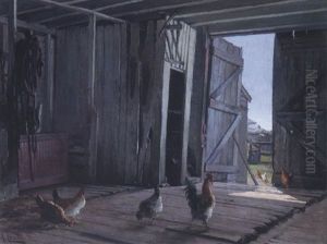 Rooster And Chickens In The Barn by Achille Peretti