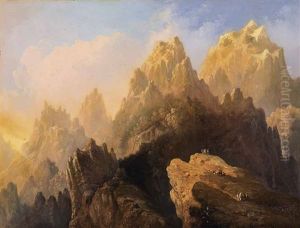 Romantische, Lichtdurchflutete Hochgebirgslandschaft Mit Personen