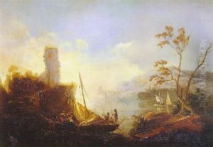 Paisaje Con Personajes Y Barcos