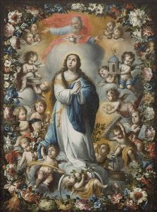 La Inmaculada Concepcion Redeada De Angeles Tenantes Con Los Simbolos Lauretanos En Orla De Flores