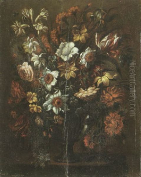 A Still Life With Tulips, Carnations, Roses And Other Flowers In A Glass Vase - view 1