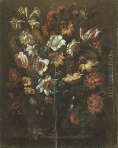 A Still Life With Tulips, Carnations, Roses And Other Flowers In A Glass Vase