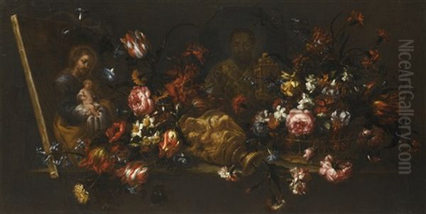 Still Life Of An Upturned Vase Of Flowers, With A Canvas Painting Showing Saint Joseph Holding The Christ Child, And Another Showing Saint Nicolas Of Bari by Bartolome Perez