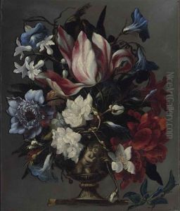 A Parrot Tulip, An African Marigold, Morning Glory, Hyacinths And Other Flowers In A Sculpted Urn, On A Ledge by Bartolome Perez