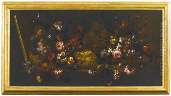 Still Life Of An Upturned Vase Of Flowers, With A Canvas Painting Showing Saint Joseph Holding The Christ Child, And Another Showing Saint Nicolas Of Bari - view 1