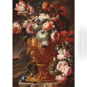 Tulips, Roses, Carnations And Other Flowers In A Baroque Vase On A Ledge by Bartolome Perez