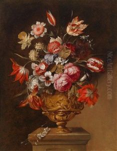 Blumenstillleben In Skulptierter Steinvase (+ Another; Pair) by Bartolome Perez