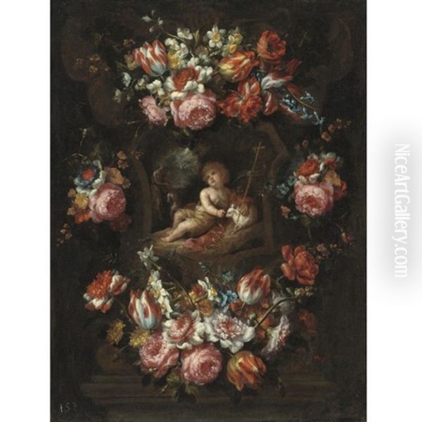 Cartouche With Tulips, Roses And Other Flowers And Saint John The Baptist - view 1