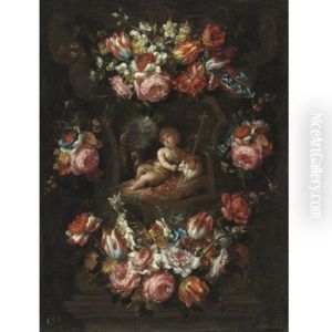 Cartouche With Tulips, Roses And Other Flowers And Saint John The Baptist by Bartolome Perez