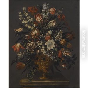Two Still Lifes With Poppies, Lillies, Bluebells And Other Flowers (pair)