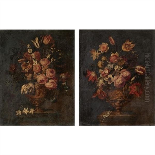 Still Lifes Of Various Flowers In Sculpted Urns, On Stone Plinths (pair) - view 1