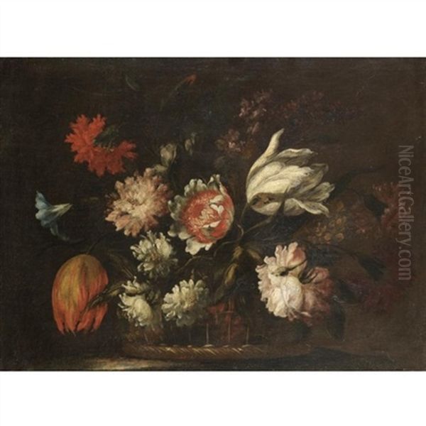Still Life With Tulips, Morning Glory And Various Other Flower In A Basket On A Ledge - view 1