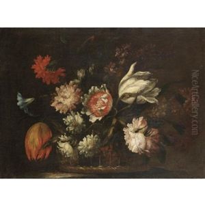 Still Life With Tulips, Morning Glory And Various Other Flower In A Basket On A Ledge by Bartolome Perez