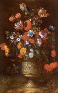 Nature Morte Aux Fleurs Dans Un Vase Orne De Bas-relief