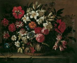 Ein Blumenarrangement In Einem Korb Auf Einer Steinplatte by Bartolome Perez