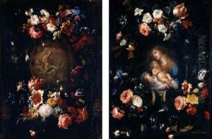 Still Life Of Roses, Tulips, Irises, Morning Glory, Chrysanthemums And Carnations Adorning A Stone Niche, With Insects Surrounding An Image Of The Virgin And Child (+ Still Life; Pair) by Bartolome Perez
