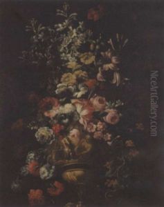 Floral Still Life In A Gold Urn by Bartolome Perez