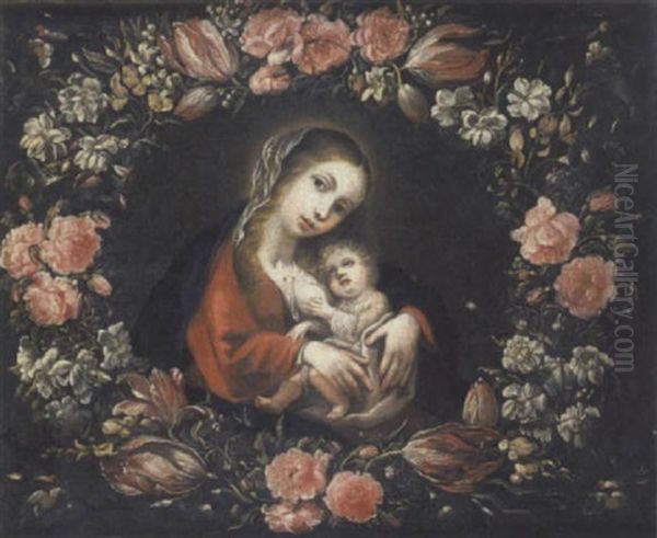 The Virgin And Child Surrounded By A Garland Of Flowers With Goldfinches by Bartolome Perez