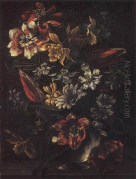Carnations, Narcissi And Other Flowers In A Vase On A Ledge - view 1