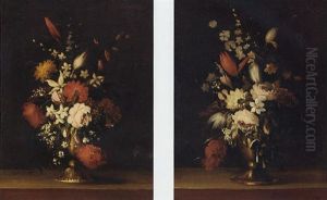 Roses, Tulips, Morning Glory, Narcissi And Flowers In A Vase On A Ledge