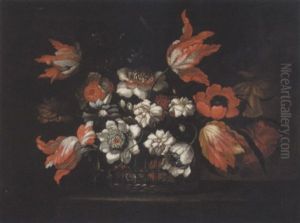 Still Life Of Tulips, Chrysanthemums, Poppies And Morning Glory In A Wicker Basket On A Stone Ledge