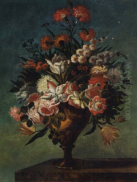 Carnations, Roses, Tulips, Bluebells And Other Flowers In An Urn On A Ledge - view 1