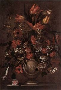 Tulip, Carnations, Narcissi, A Lily And Other Flowers In A Vase Decorated With Putti On A Ledge