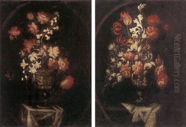 Carnations, Daffodils, Tulips, Irises And Other Flowers In A Sculpted Urn On A Draped Ledge - view 1