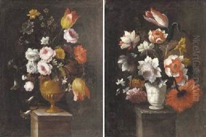 Tulips, Roses, Carnations, Morning Glory, Narcissi And Other Flowers On An Urn On A Plinth