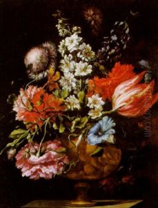 Blumenstraus In Einer Ornamental Verzierten Tonvase by Bartolome Perez