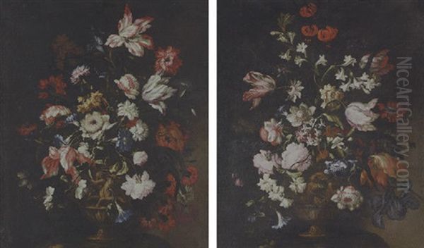 Tulips, Roses, Morning Glory, Carnations And Other Flowers In A Sculpted Urn On A Stone Plinth - view 1