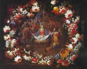 Guirnalda De Flores Con La Adoracion De Los Pastores by Bartolome Perez