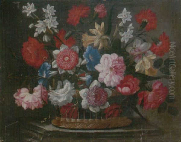 Still Life Of Various Flowers In A Wicker Basket, Upon A Stone Ledge - view 1