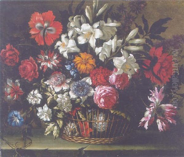Lilies, Roses, Carnations, Pansies And Other Flowers In A Basket On A Stone Ledge - view 1