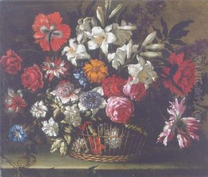 Lilies, Roses, Carnations, Pansies And Other Flowers In A Basket On A Stone Ledge