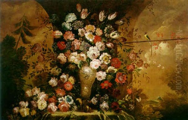A Still Life With Roses, Tulips, Peonies And Other Flowers In A Ceramic Vase By A Colonnade With An Extensive Landscape Beyond - view 1