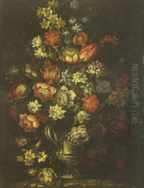 A Still Life With Roses, Tulips, Carnations And Other Flowers In An Urn by Bartolome Perez
