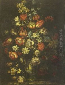 A Still Life With Roses, Tulips, Carnations And Other Flowers In An Urn
