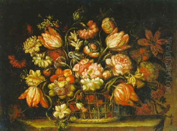 Blumenstraus Von Tulpen, Rosen, Nelken Und Anderen Blumen In Einem Korb - view 1