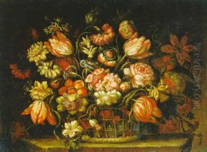 Blumenstraus Von Tulpen, Rosen, Nelken Und Anderen Blumen In Einem Korb