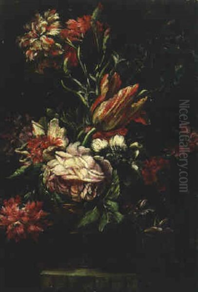 Tulips, Carnations And Roses In A Vase On A Ledge - view 1