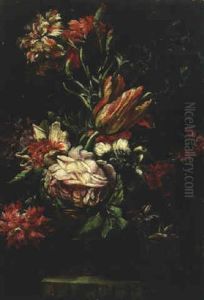 Tulips, Carnations And Roses In A Vase On A Ledge by Bartolome Perez