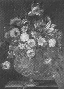 Still Life Of Flowers In An Ornamental Urn On A Stone Ledge