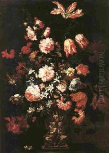 Still Life Of Flowers In A Stone Vase Upon A Ledge